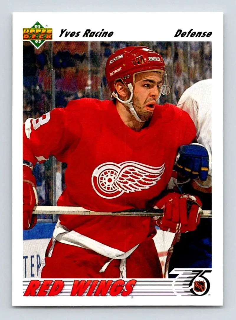 Hockey player in Detroit Red Wings jersey and helmet, representing Yves Racine