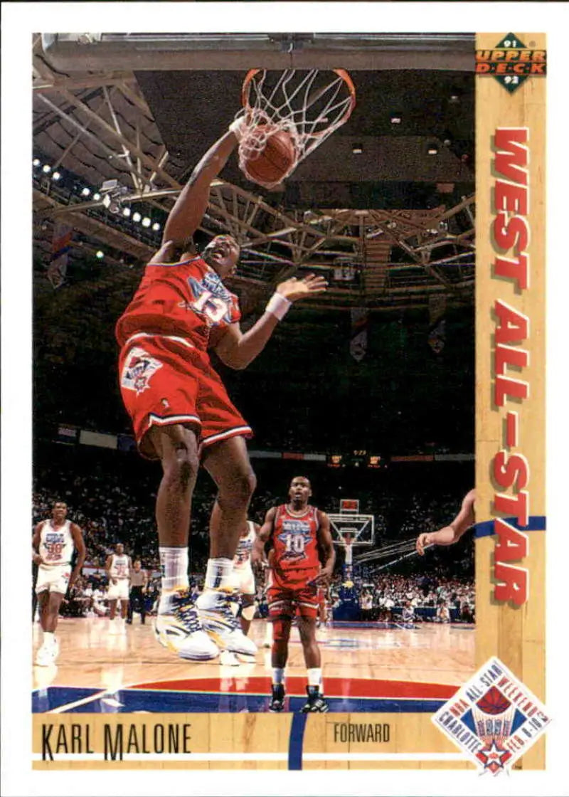 Karl Malone dunking for Utah Jazz in red uniform on basketball card art