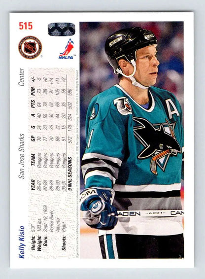 Hockey trading card of Kelly Kisio in teal San Jose Sharks jersey with logo