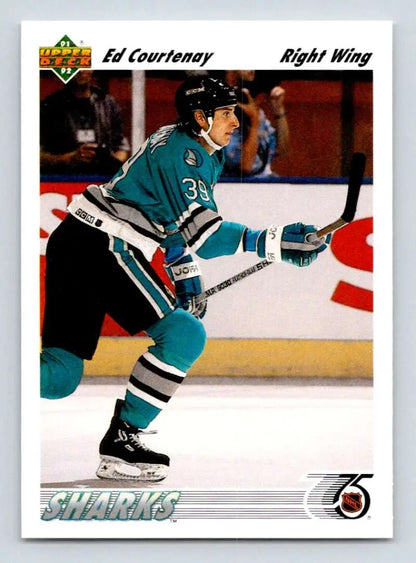 Hockey player in teal San Jose Sharks jersey on ice, featured in Upper Deck card