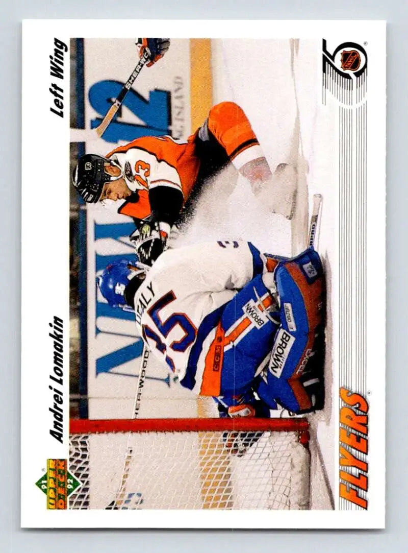 Hockey players collide in a Philadelphia Flyers vs New York Rangers moment on a hockey card