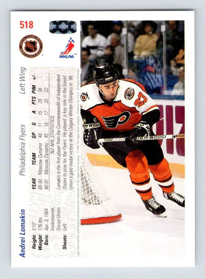 Hockey player in Philadelphia Flyers uniform skating on ice for hockey card display