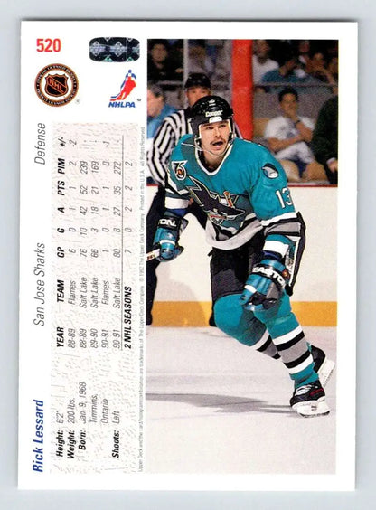 Hockey trading card of San Jose Sharks player Rick Lessard in teal jersey skating