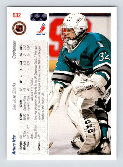 Arturs Irbe in teal and white jersey 32 for San Jose Sharks Hockey Card 1991-92