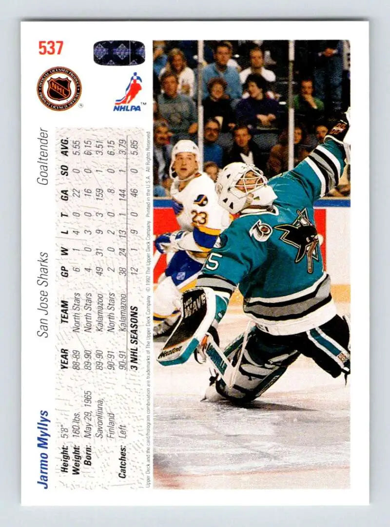 Hockey trading card of Jarmo Myllys making a save for the San Jose Sharks