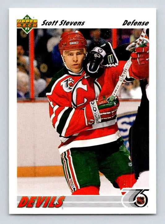 Hockey player in New Jersey Devils jersey featured on Scott Stevens hockey card