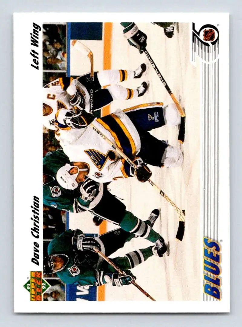 Hockey players battling for the puck in a St. Louis Blues game for a Dave Christian card