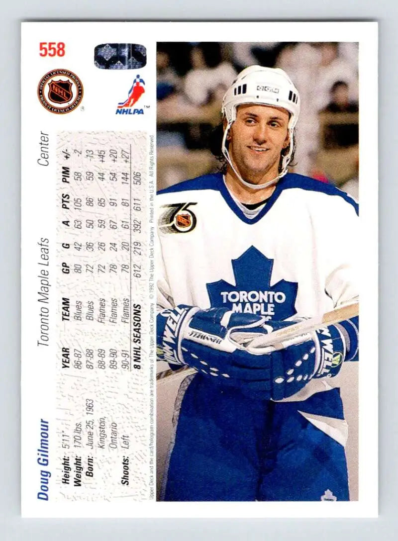 Hockey trading card of Doug Gilmour in Toronto Maple Leafs uniform from 1991-92 Upper Deck