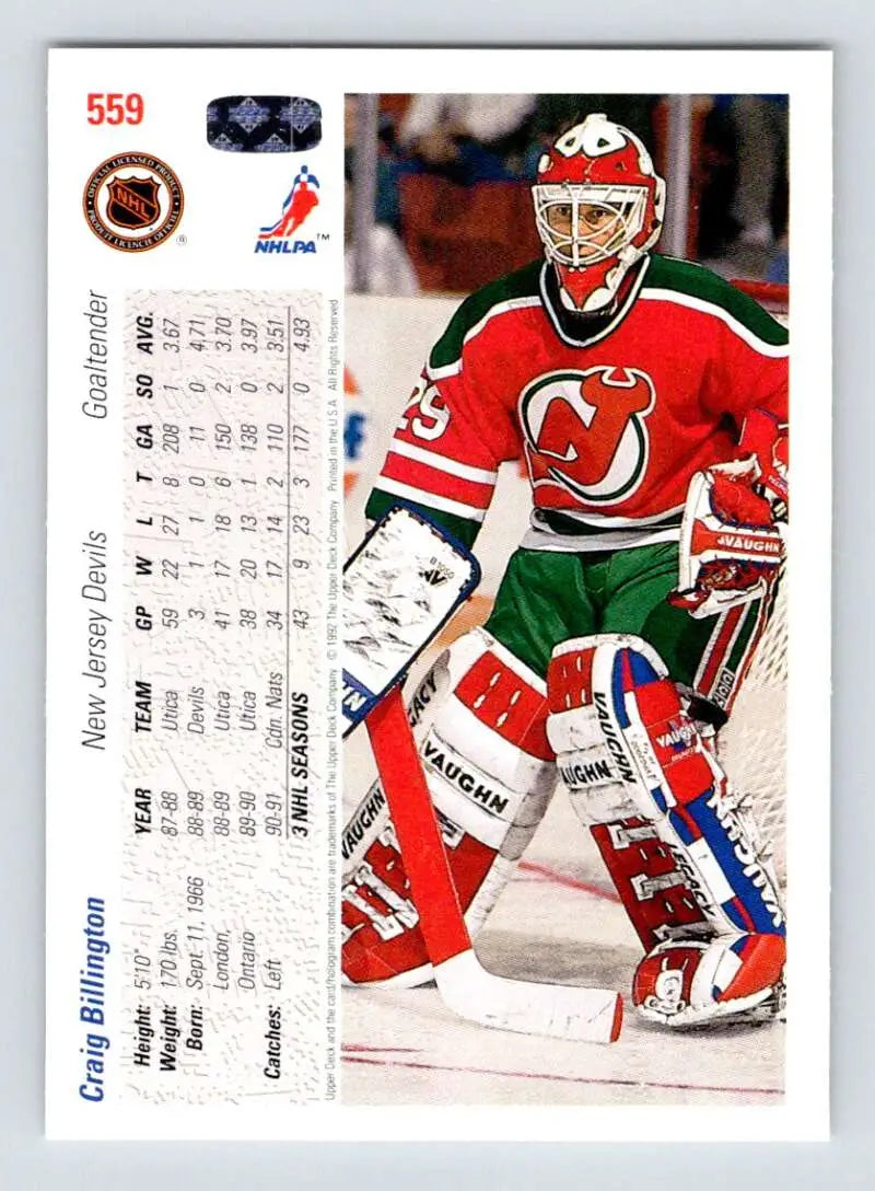 Hockey goalie Craig Billington in New Jersey Devils uniform on Upper Deck card