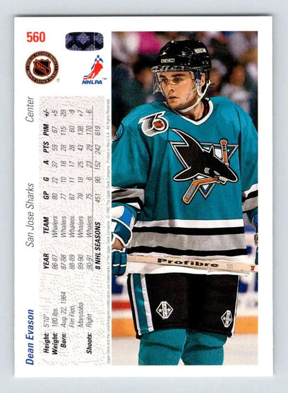 Hockey trading card of Dean Evason in San Jose Sharks teal jersey from Upper Deck