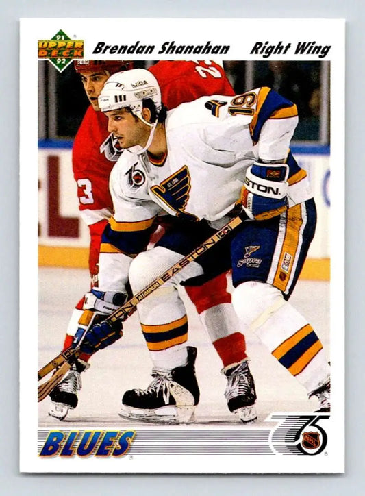 Hockey player in St. Louis Blues jersey showcasing Brendan Shanahan hockey card action