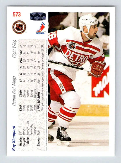 Hockey card of Ray Sheppard in Detroit Red Wings white and red uniform, 1991-92