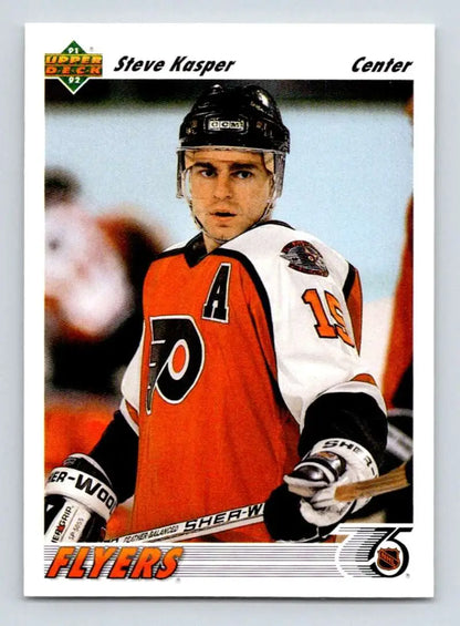 Steve Kasper in a Philadelphia Flyers jersey with an A patch on a hockey card