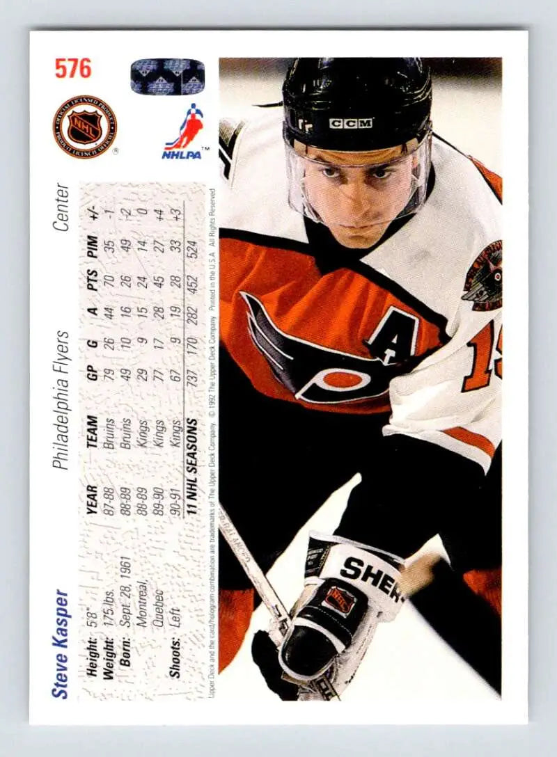 Hockey player in Philadelphia Flyers jersey featuring Steve Kasper on hockey card