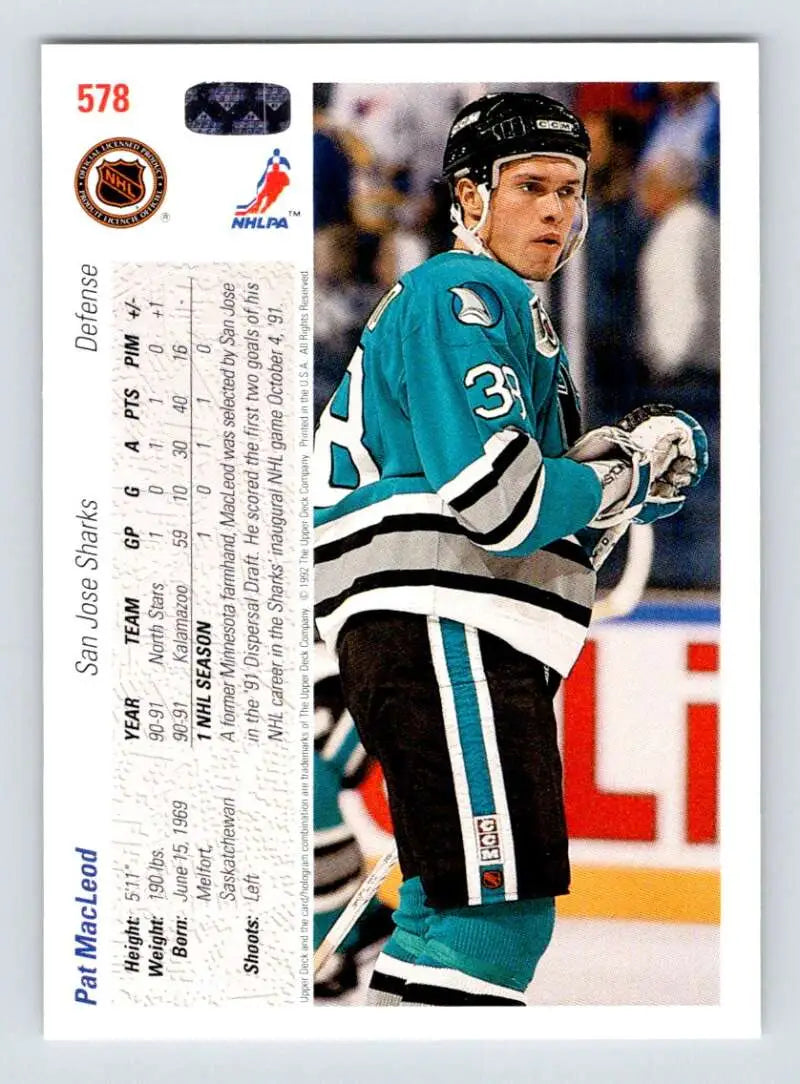 Hockey player in teal and black San Jose Sharks jersey showcasing Pat MacLeod card