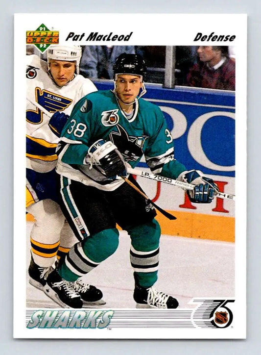 Hockey trading card of Pat MacLeod in San Jose Sharks teal uniform during gameplay