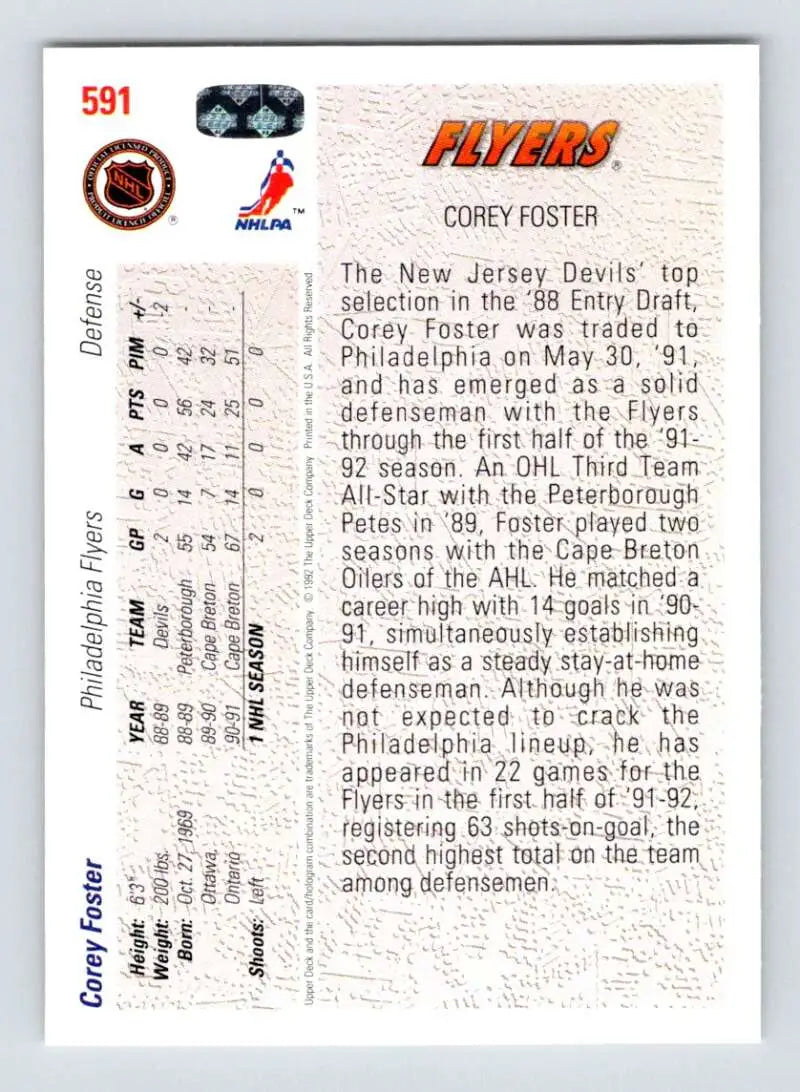 Hockey card featuring Corey Foster stats and bio for Philadelphia Flyers fan collectors