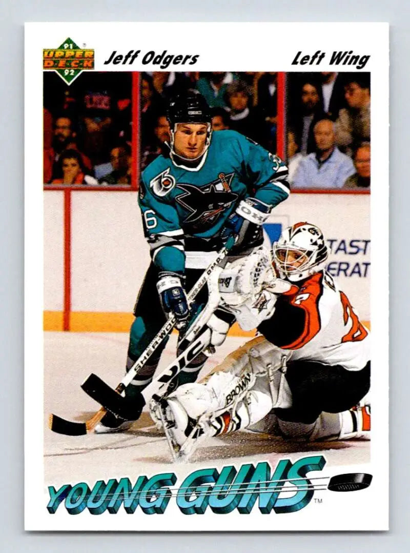 Jeff Odgers 1991-92 Upper Deck Rookie Card featuring San Jose Sharks game action