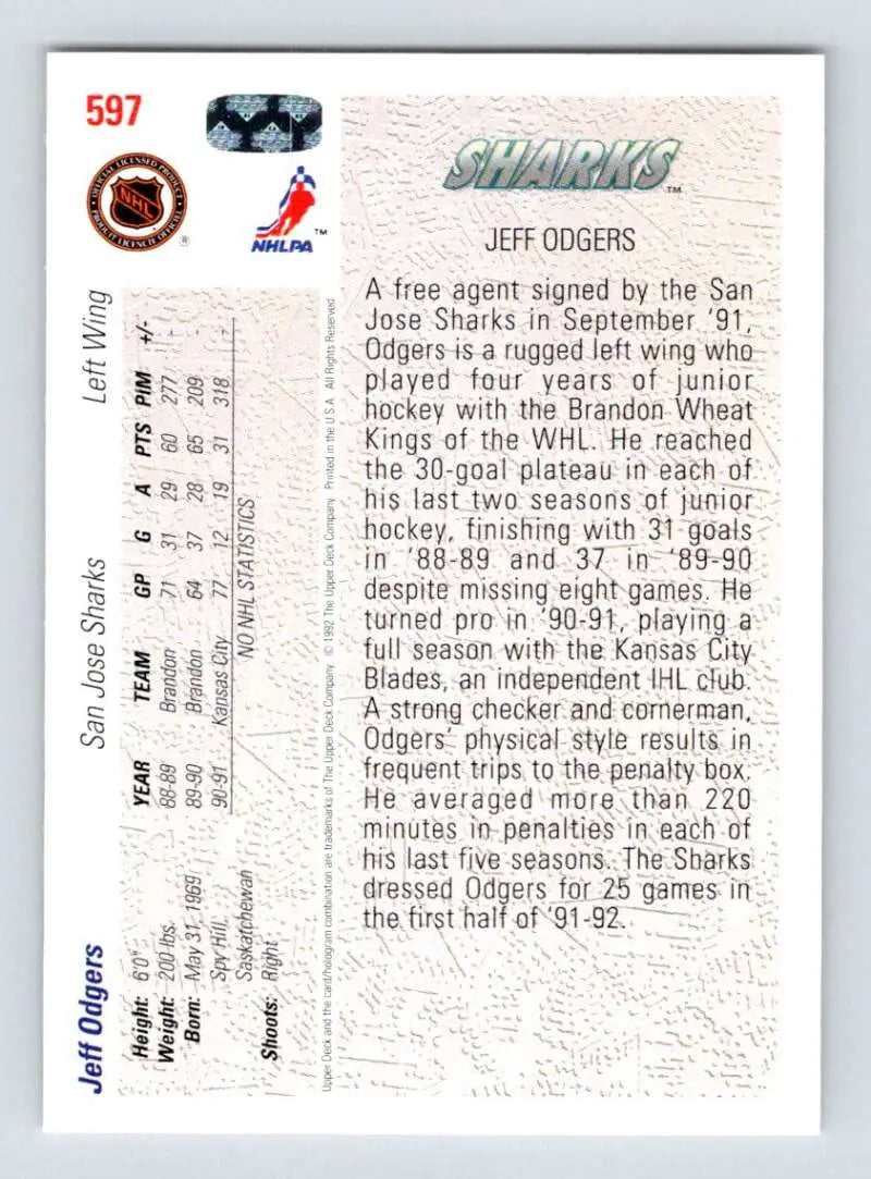 Back side of 1991-92 Upper Deck Jeff Odgers San Jose Sharks rookie card statistics