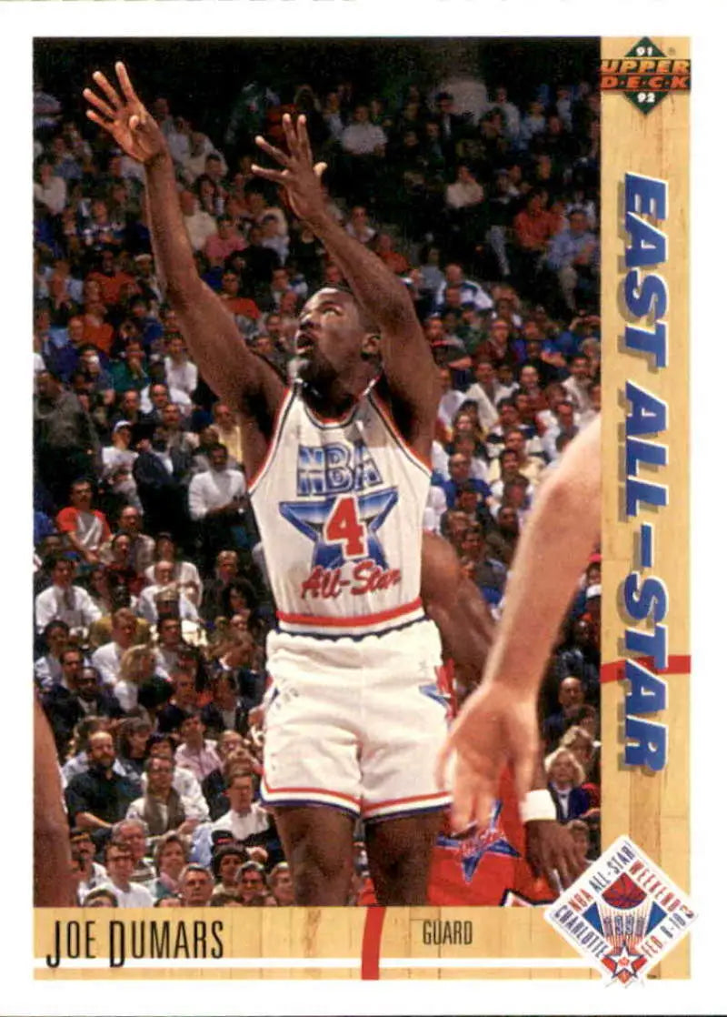 Joe Dumars shooting a jump shot on his 1991-92 Upper Deck Detroit Pistons Basketball Card