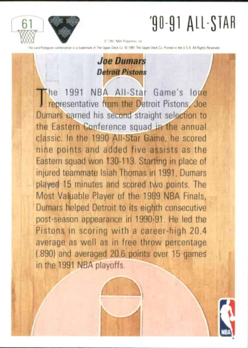 Joe Dumars 1991 NBA All-Star Game trading card for Detroit Pistons Basketball