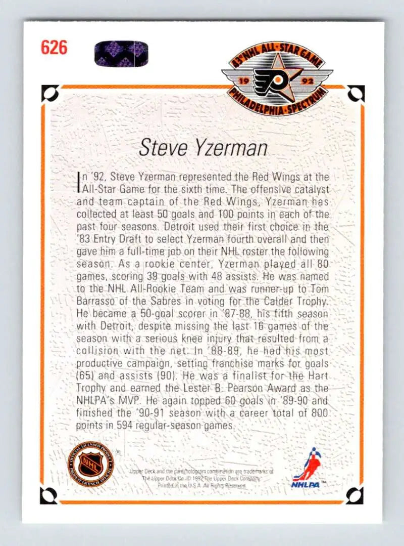 Hockey card featuring Steve Yzerman with orange border and biographical text, Red Wings