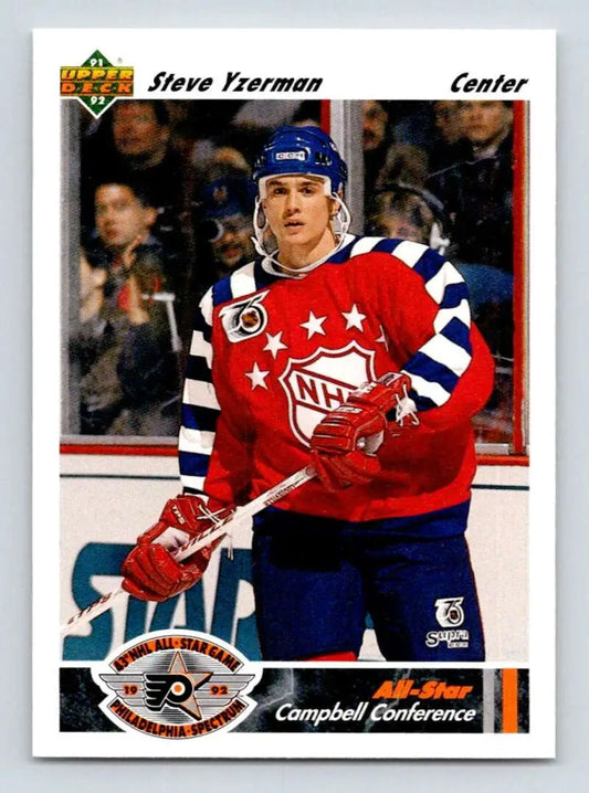 NHL trading card of Steve Yzerman in red, white, and blue Red Wings All-Star jersey