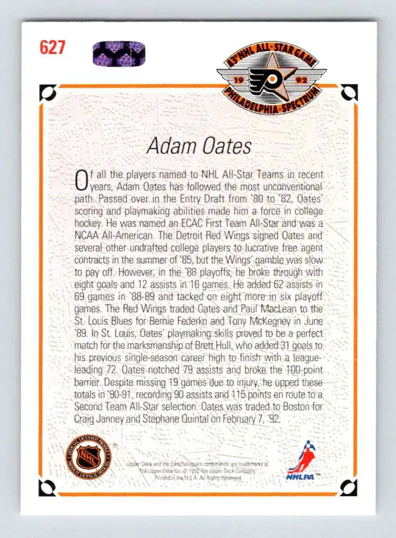 Hockey card of Adam Oates with orange border from St. Louis Blues 1991-92 Upper Deck