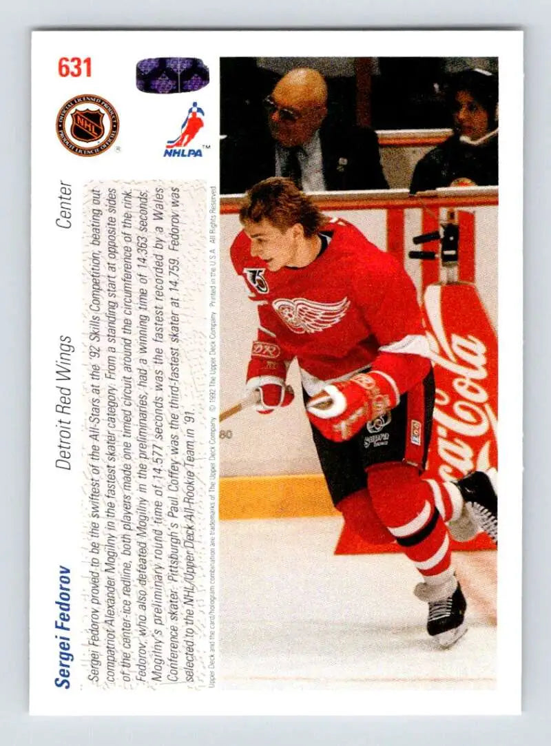 Hockey player in a Detroit Red Wings jersey skating, highlighting Sergei Fedorov hockey card