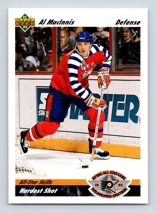 Hockey player in red, white and blue jersey controls puck on Calgary Flames hockey card