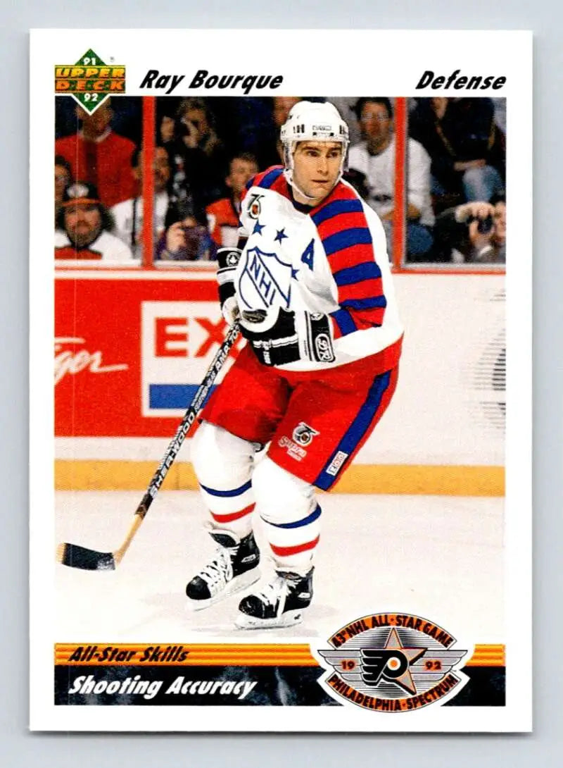 Hockey player in white jersey with red and blue skating, Ray Bourque Boston Bruins Hockey Card