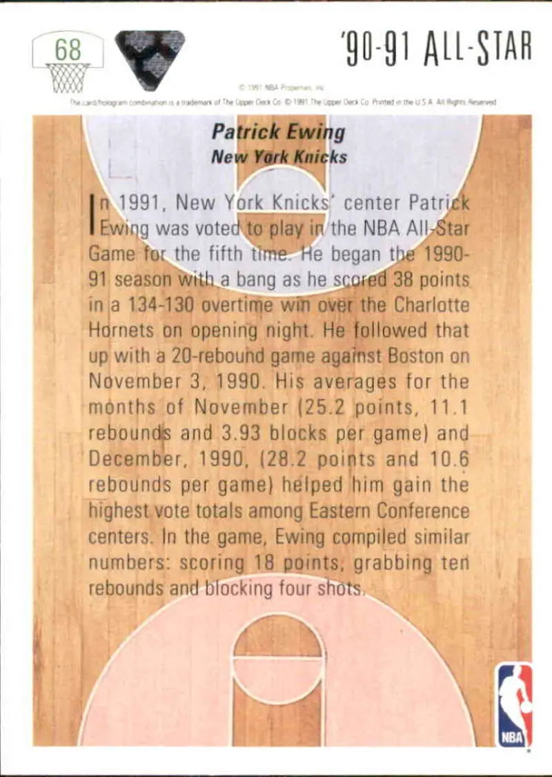 Patrick Ewing Upper Deck basketball card featuring 1990-91 NBA All-Star stats