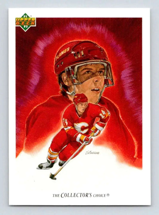 Artistic illustration of Theo Fleury in Calgary Flames uniform for hockey card