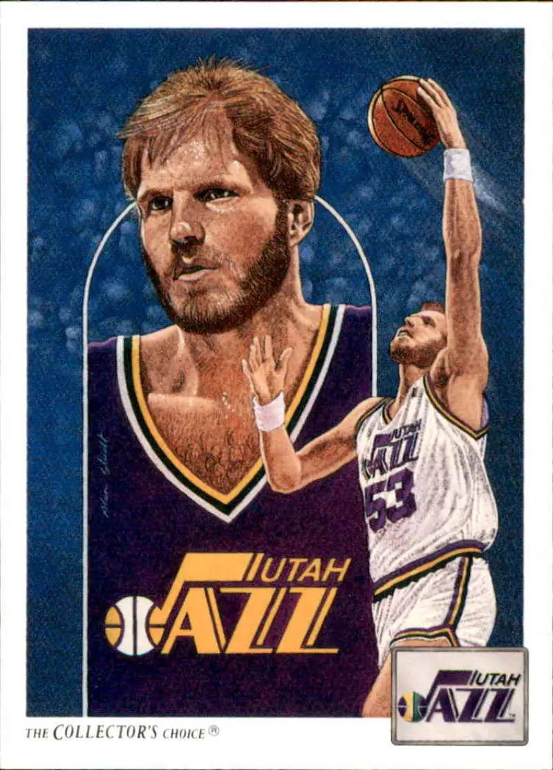 Basketball card of Mark Eaton showcasing Utah Jazz home and away uniforms