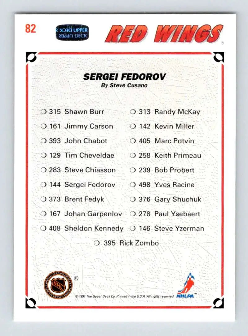 Detroit Red Wings hockey team roster card featuring player names and numbers