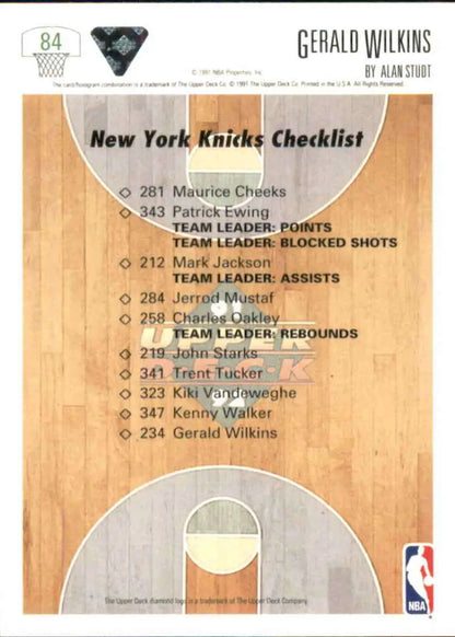 New York Knicks basketball card featuring Gerald Wilkins roster on court design