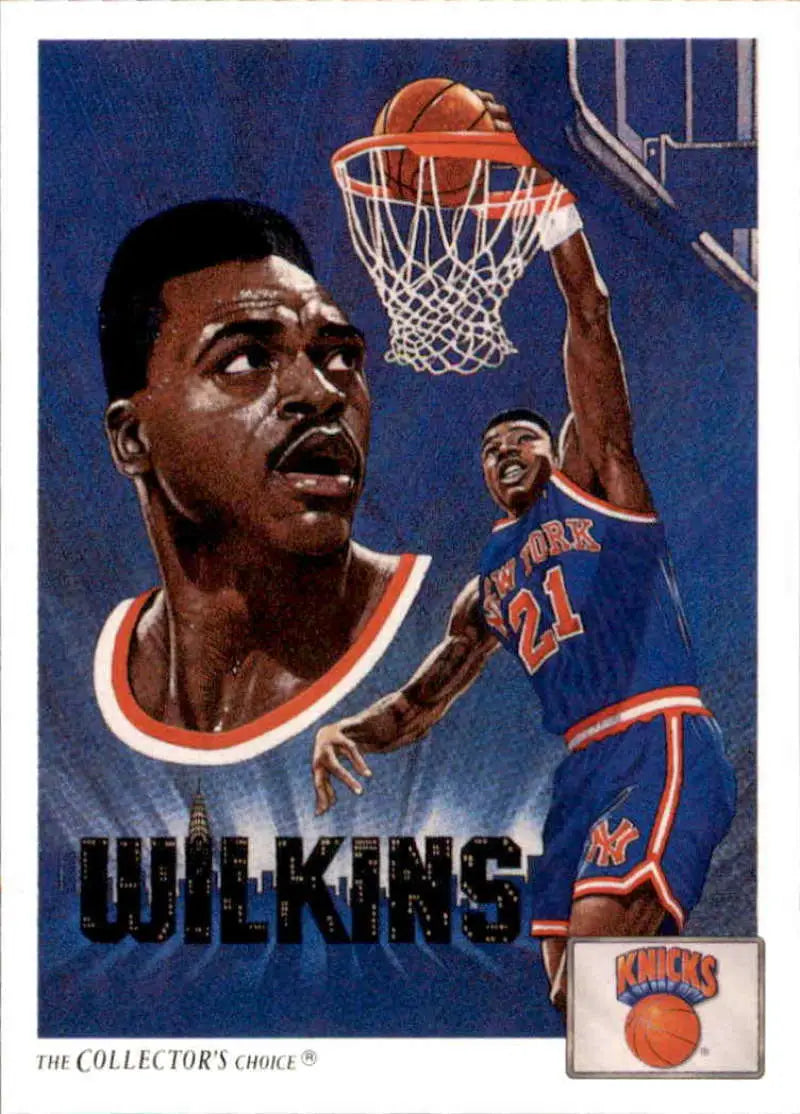 Basketball card of Gerald Wilkins in a slam dunk for the New York Knicks by Upper Deck