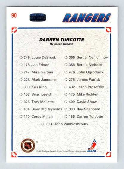 New York Rangers Hockey Card featuring Darren Turcotte’s roster details and stats