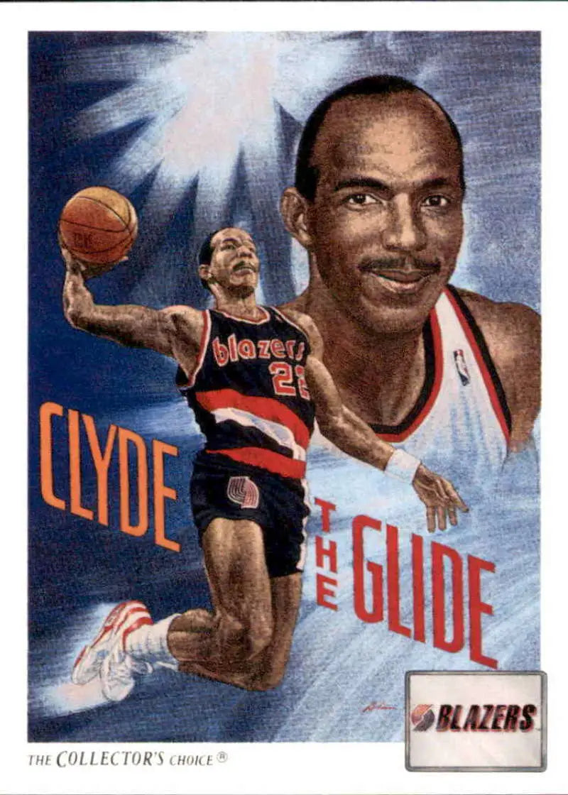 Artistic illustration of Clyde Drexler soaring in black uniform for Portland Trail Blazers