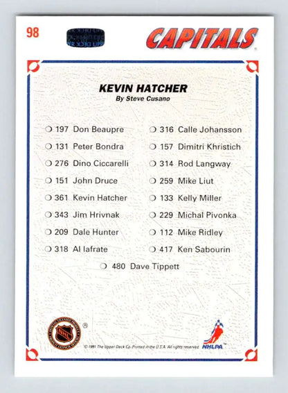 Hockey trading card featuring Kevin Hatcher and Washington Capitals players’ jersey numbers