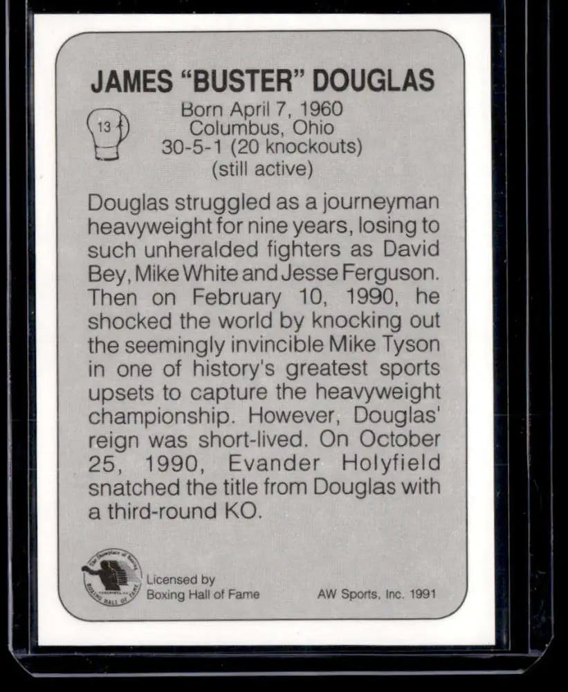 Trading card featuring biographical info about James Buster Douglas boxing legend