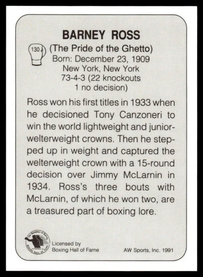 Boxing Hall of Fame plaque showcasing Barney Ross career highlights and stats from 1933-1934