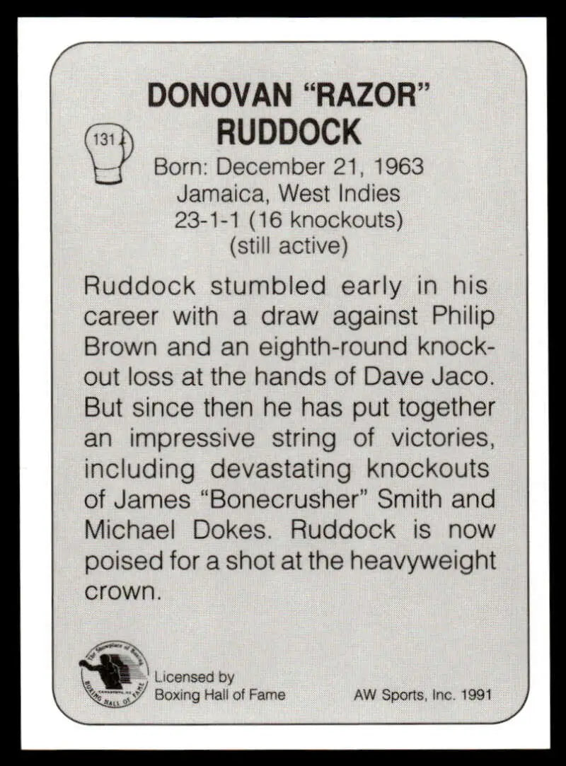 Black and white boxing trading card featuring biographical text about Donovan Ruddock NM-MT