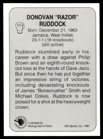 Black and white boxing trading card featuring biographical text about Donovan Ruddock NM-MT