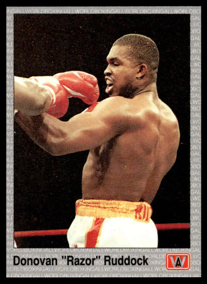 Boxer in white shorts throwing a punch, featuring Donovan Ruddock NM-MT boxing card