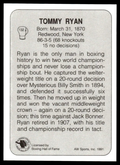 Black and white boxing card featuring Tommy Ryan’s statistics and biography, showcasing boxing history