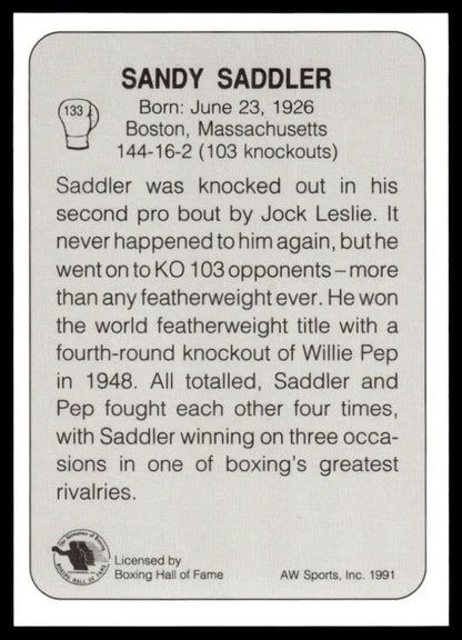 Black and white plaque for Sandy Saddler featured in NM-MT Boxing Card 1991 All World #133