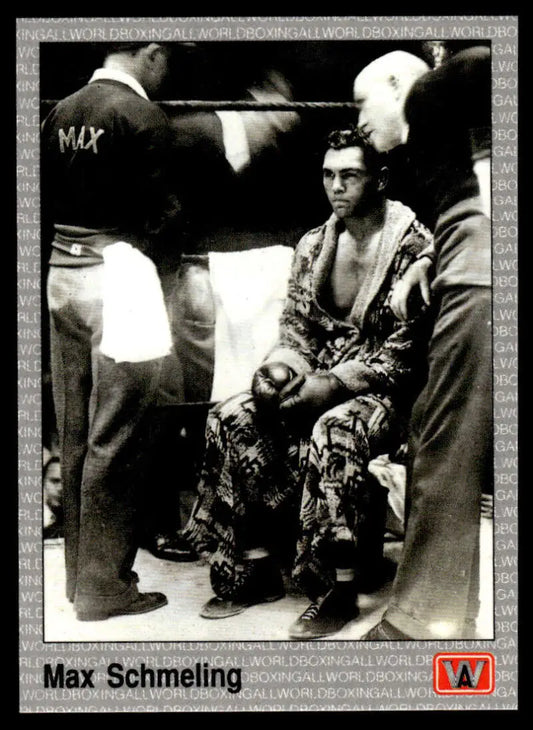 Black and white boxing photo of Max Schmeling between rounds for sports memorabilia