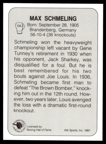 Black and white text box with biographical details of Max Schmeling on boxing card