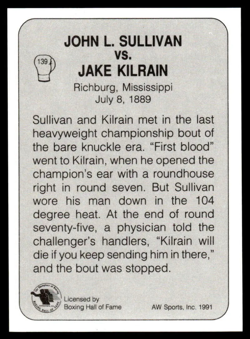 Boxing match information card of the historic 1889 Sullivan vs. Kilrain heavyweight bout